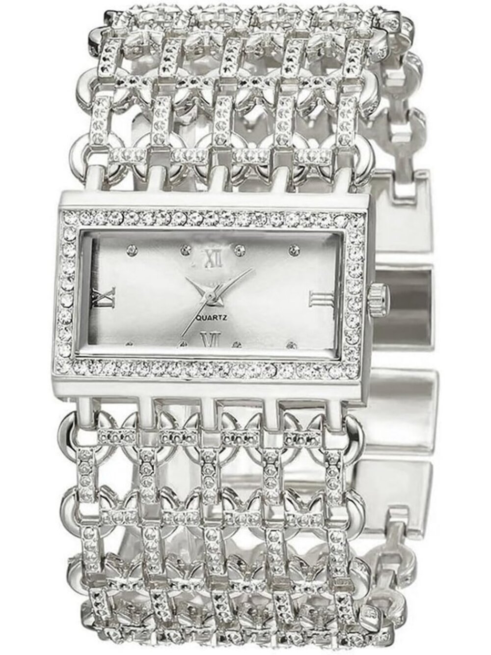 Women's Silver Luxury Rectangular Case Analog Quartz Fashion Dress Wrist Watch